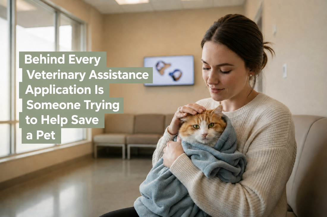 Pet owner cradling a cat in a veterinary waiting room, representing families seeking veterinary financial assistance